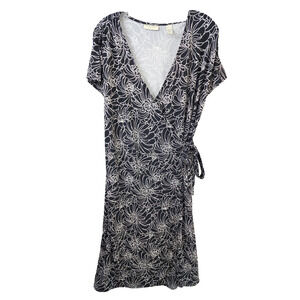 Valerie Stevens Midi Wrap Dress Large Black & White Floral Cap Sleeves